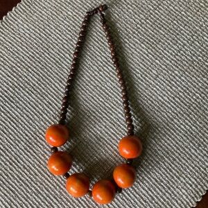 Vintage Wooden Bright Orange Beaded Necklace Brown Beads Wood Cord